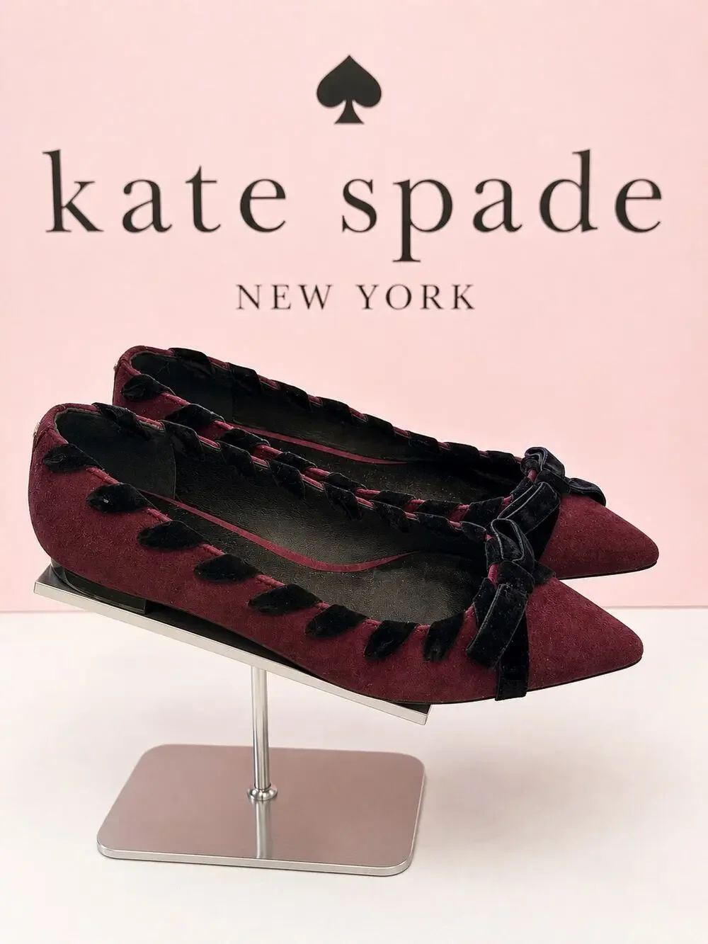 Kate Spade Kalani Deep Cherry Kid Suede Bow Flats NIB Sz 7.5